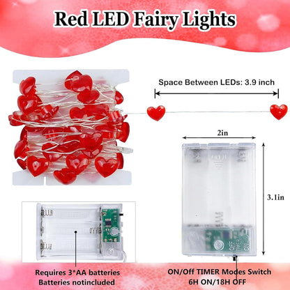 10FT Red Heart Fairy Lights Battery Operated with Timer for Mothers Day Decoration, LED String