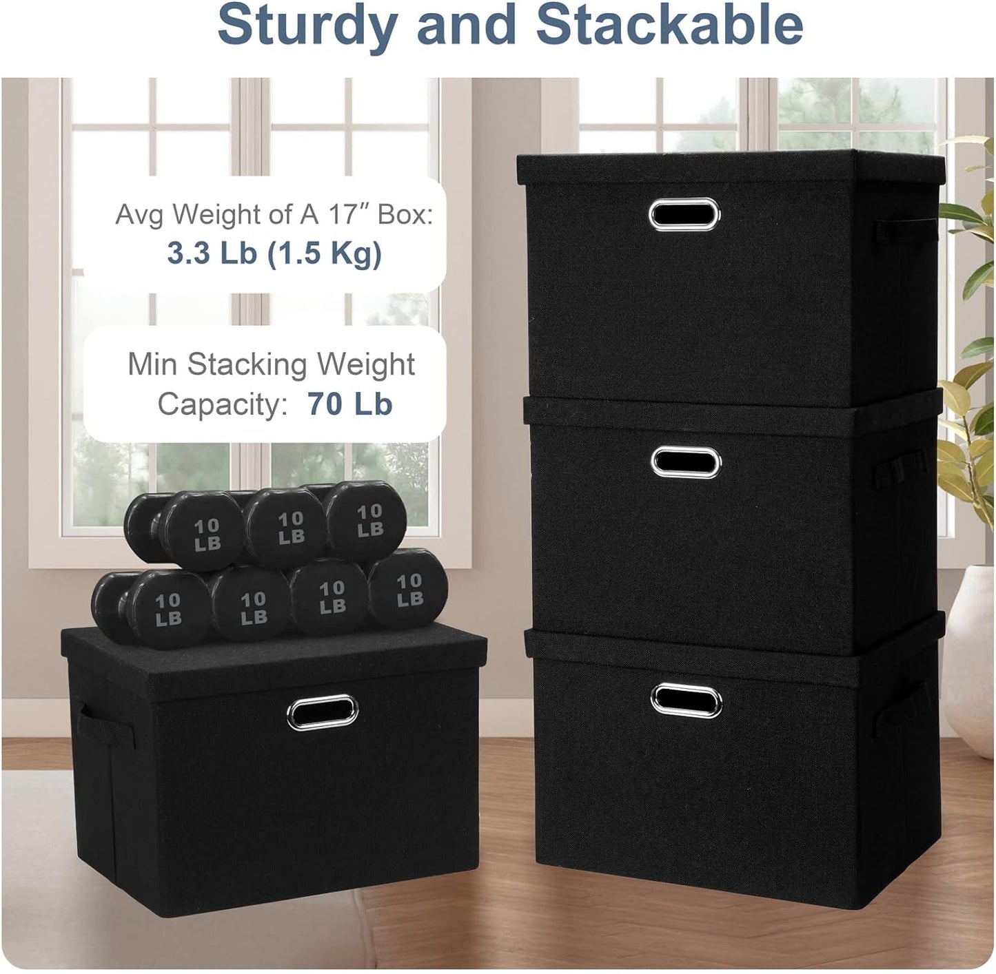 Large 17" 36 Quart Collapsible Stackable Storage Bins with Lids, 5 Packs Black Linen Fabric Closet
