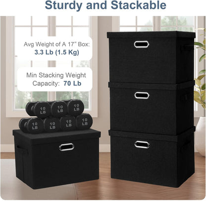 Large 17" 36 Quart Collapsible Stackable Storage Bins with Lids, 5 Packs Black Linen Fabric Closet