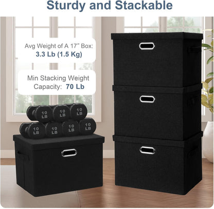 Large 17" 36 Quart Collapsible Stackable Storage Bins with Lids, 3 Packs Black Linen Fabric Closet