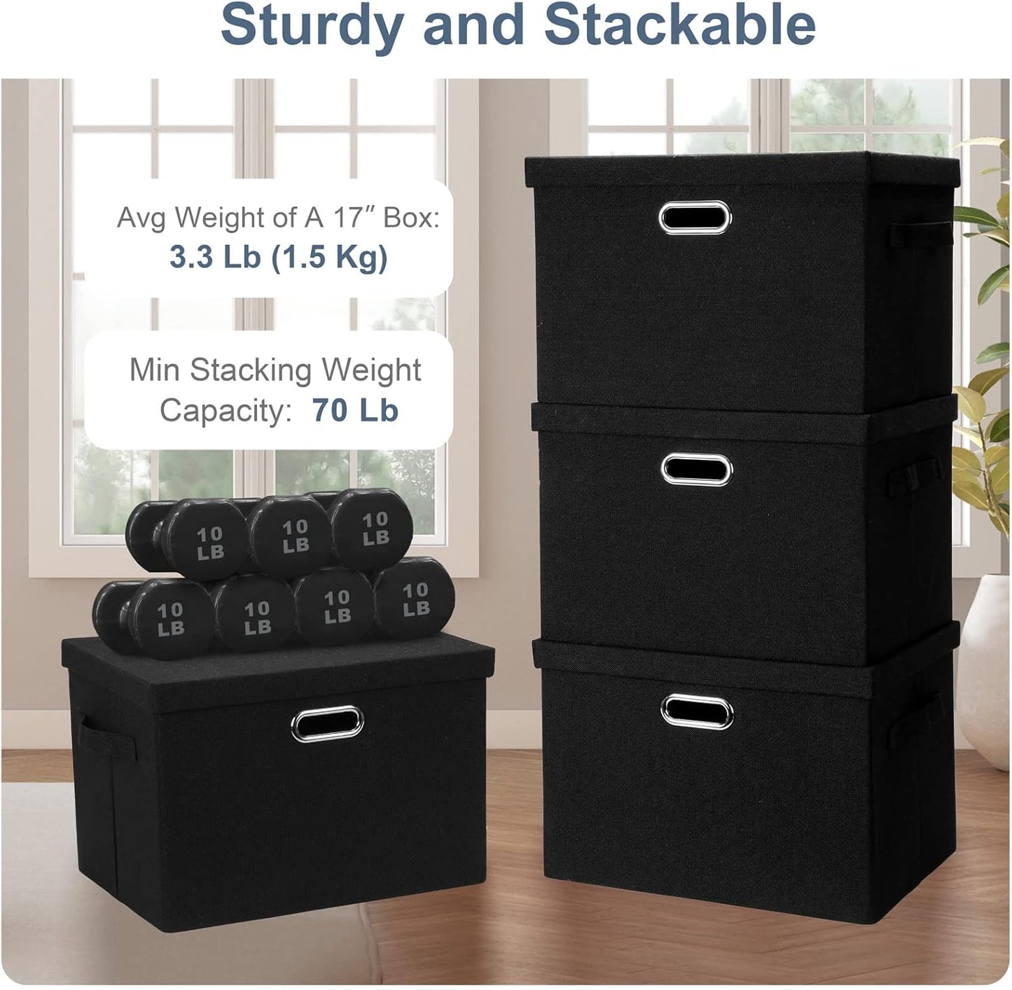 Large 17" 36 Quart Collapsible Stackable Storage Bins with Lids, 1 Pack Black Foldable Fabric