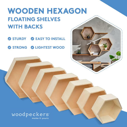 Wooden Hexagon Floating Shelves with Backs, 2 Sets of 7, Unfinished for Crafts and DIY Wall Décor: