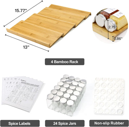 Spice Drawer Organizer with 24 Spice Jars and 216 Labels,Non-slip Rubber, Bamboo 4 Tier Spice Racks