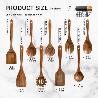Wooden Spoons for Cooking, Nonstick Cooking Utensil Set with 9 Piece Acacia Wooden Spatulas and