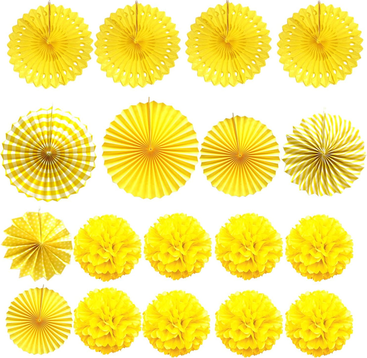 ZERODECO Party Decoration, 21 Pcs Yellow Hanging Paper Fans Pom Poms Flowers, Garlands String Polka