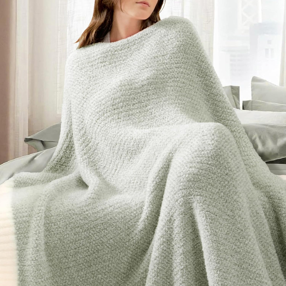 Snuggle Sac Heather Sage Green Throw Blanket for Couch, Reversible Super Soft Knitted Blankets Warm