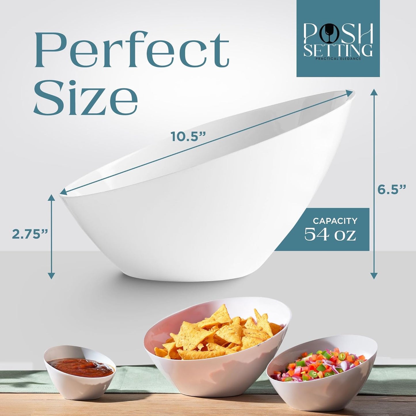 Posh Setting - White Plastic Serving Bowls for Party - Angled, Disposable, Chip & Candy Bowls - 54
