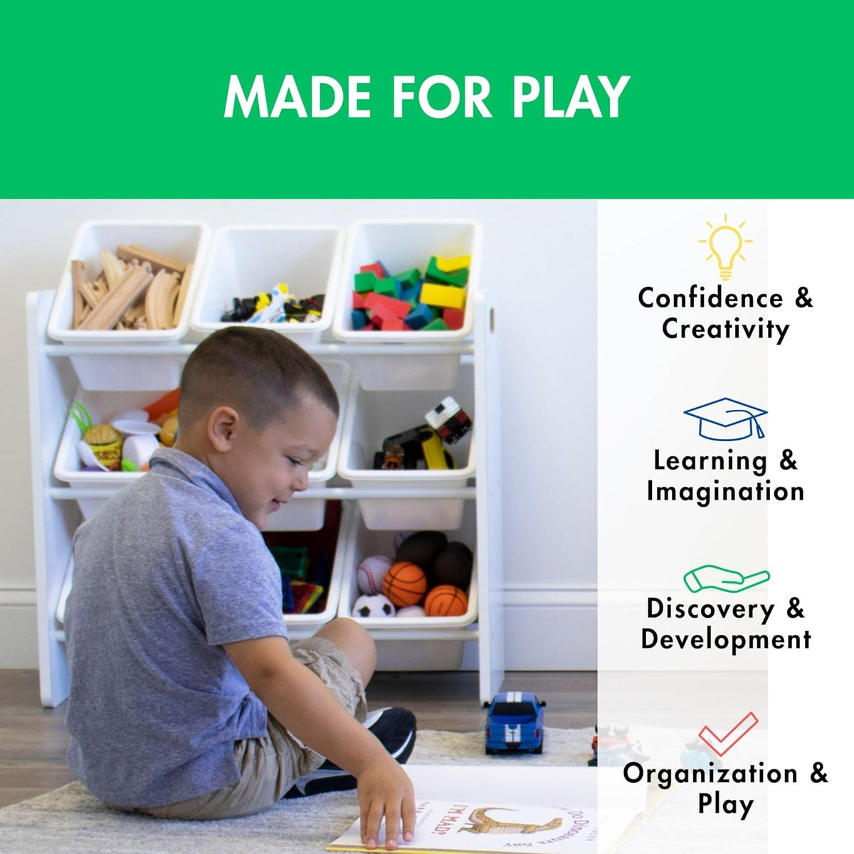 Humble Crew 9-Bin Toy Organizer – Cambridge White Plastic Bins, 3-Tier Storage Solution for Kids'