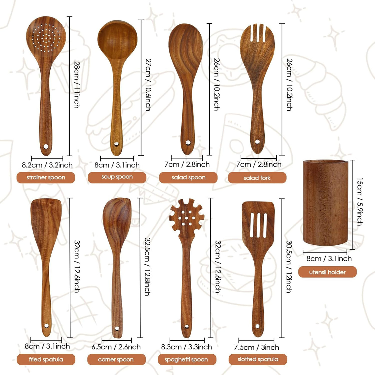 comfoyar Teak Wooden Spoons for Cooking, 9 Pieces Kitchen Cooking Utenails Set with Holder and