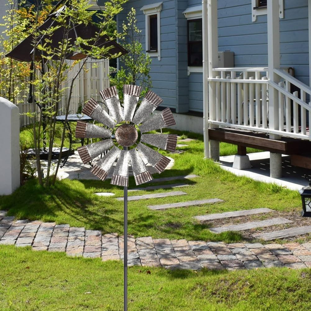 Wind Spinners Outdoor，Metal Vintage Style Single Sided Silver Windmill Kinetic Wind Spinner for