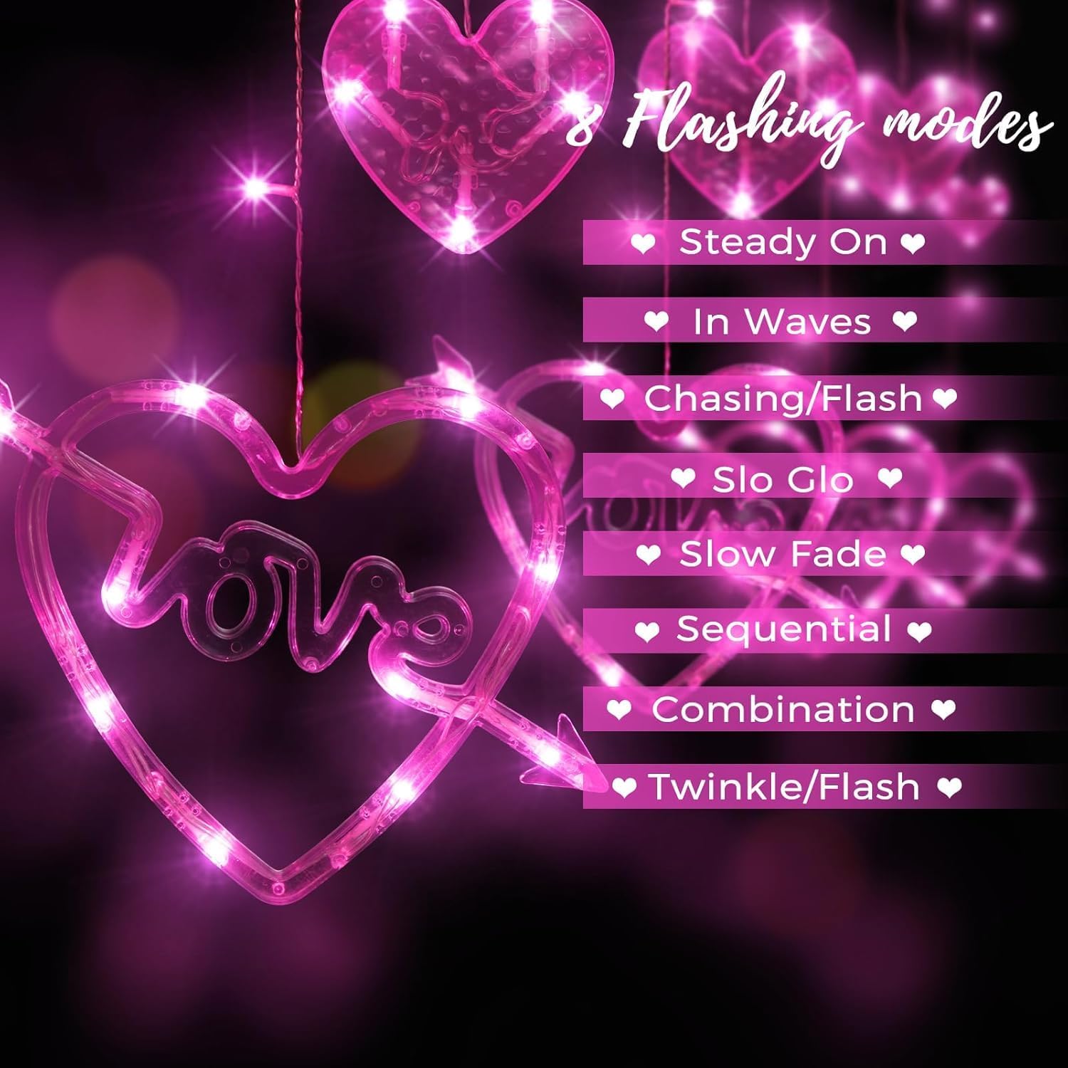 Valentines Day Decor, 138LED Love Heart Curtain Lights with Remote 8 Modes for Bedroom, USB and