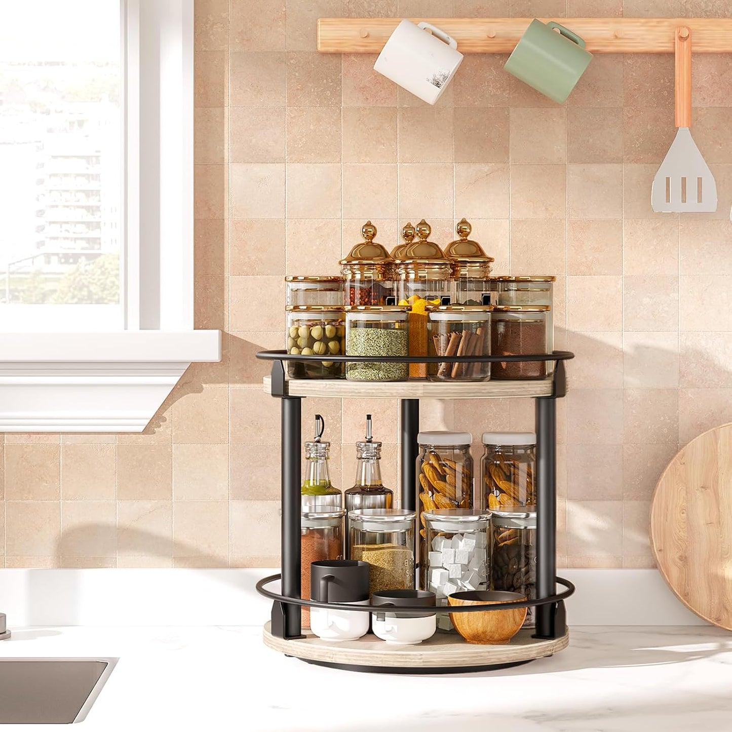 Lazy Susan Organizer, Rotating Spice Rack, 2 Tier Spice Turntable Organizer, Industrial Turntable
