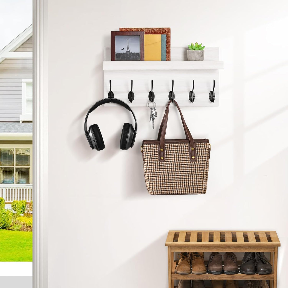 Shelf with Hooks, Coat Rack Wall Mount with 6 Double Metal Hooks, 17 Inch Farmhouse Wall Hooks with