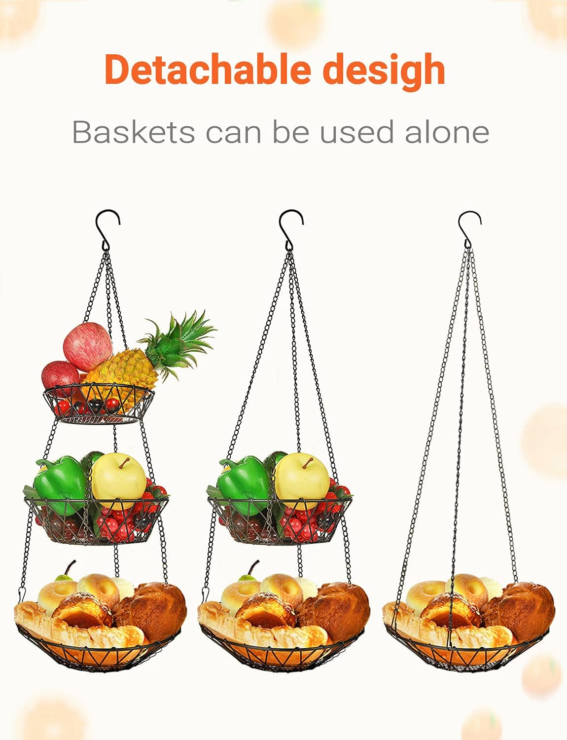 3 Tier Hanging Basket with Sturdy Metal Chain Hanging Hooks Fruit and Vegetable Basket Heavy Duty