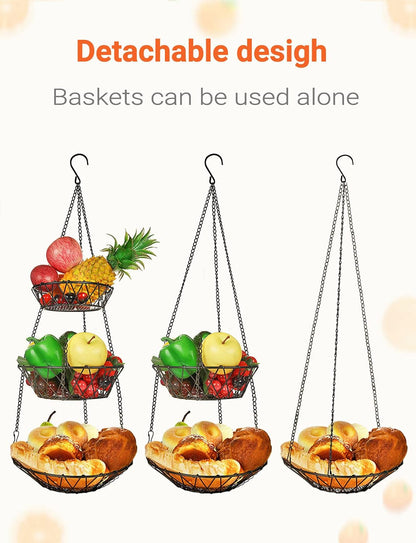 3 Tier Hanging Basket with Sturdy Metal Chain Hanging Hooks Fruit and Vegetable Basket Heavy Duty
