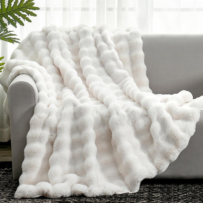 Cozy Bliss Faux Fur Throw Blanket for Couch, Fuzzy Soft Plush Thick Bubble Blanket for Sofa Bedroom