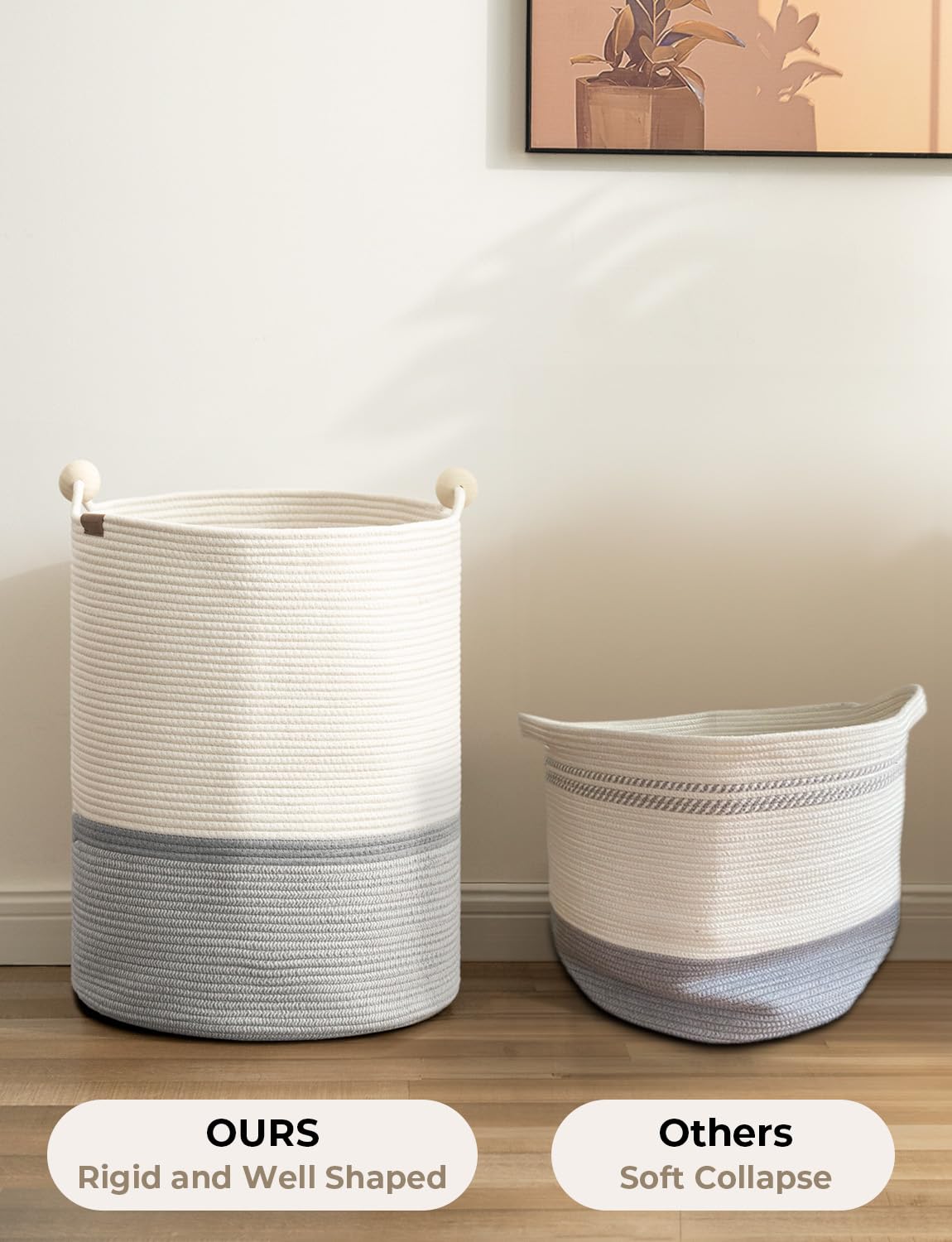 StorageWorks 72L Cotton Rope Laundry Basket with Wooden Beads Handles, Woven Basket for Storage