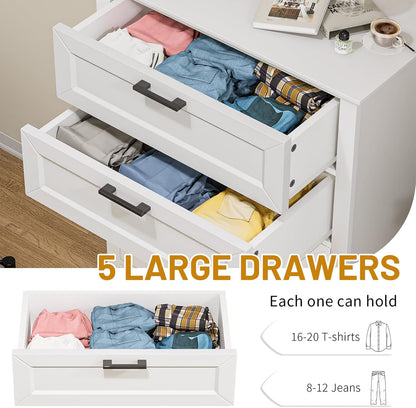 White Dresser for Bedroom, Wood Dresser with 5 Drawers, Chest of Drawer for Bedroom Living Room