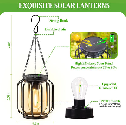 Solar Hanging Lanterns Outdoor: 2 Pack Metal Solar Hanging Lights with Hook, Bright - Warm