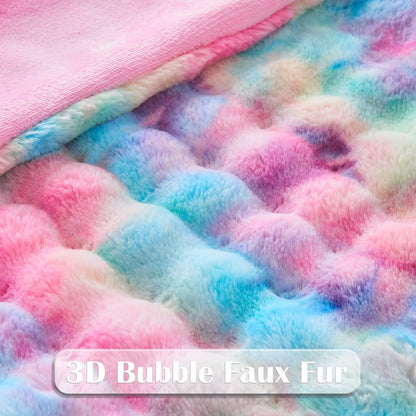 NEWCOSPLAY Faux Fur Throw Blanket Dark Rainbow Luxury Fluffy Thick Warm Bubble Blanket for Couch