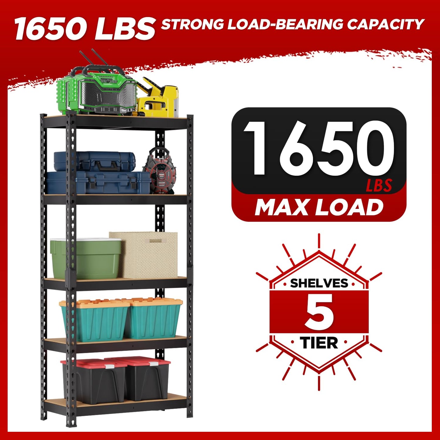 BestOffice 5-Tier Heavy Duty Storage Shelving Unit, 1650 LBS Adjustable Metal Garage Rack, 27.6" W