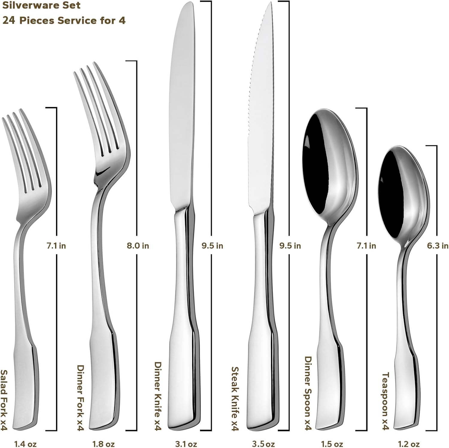 Alata Kate 24-Piece Silverware Set with Steak Knife, Stainless Steel Flatware Set Service for 4