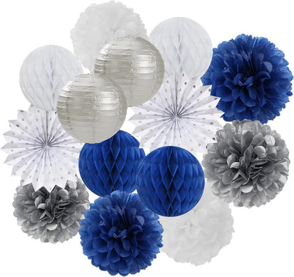 Navy-Blue White Silver Party Decorations - 14pcs Kits Paper Lanterns Fan,Tissue Flower Pom Poms
