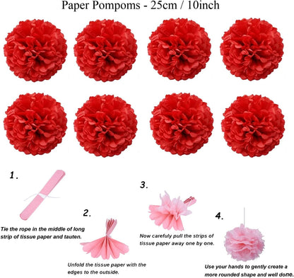 ZERODECO Party Decoration, 21 Pcs Red Hanging Paper Fans Pom Poms Flowers, Garlands String and