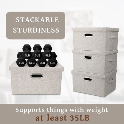 Medium 15" 21 Quart Collapsible Stackable Storage Bins with Lids, 5 Packs Beige Foldable Fabric