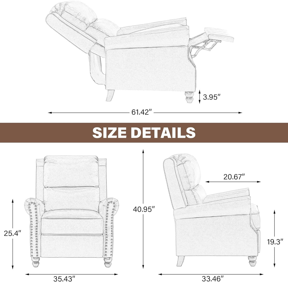 UIXE Pushback Recliner Chair, Fabric Armchair Push Back Accent Chair, Rivet Trim Club Chair Home