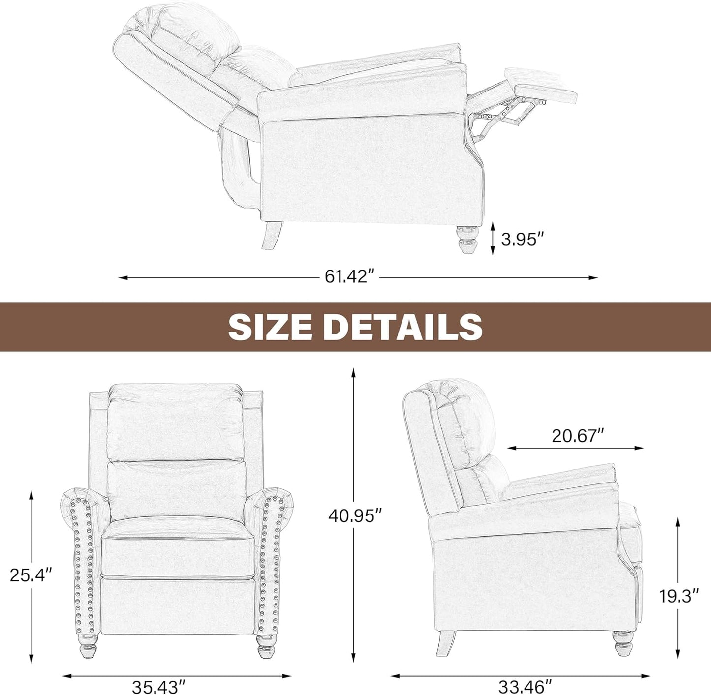 UIXE Pushback Recliner Chairs Set of 2, PU Leather Armchair Push Back Accent Chair, Rivet Trim Club