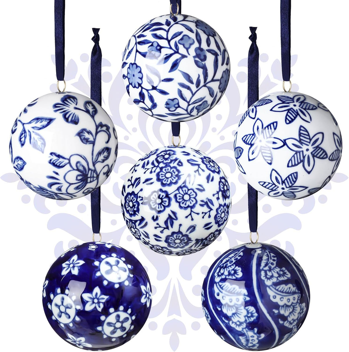 Cindeer 6 Pcs Blue and White Christmas Porcelain Balls 2.4 Inch Porcelain Chinoiserie Ornament Bulk