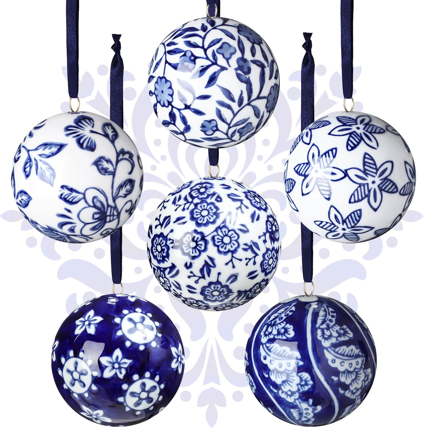 Cindeer 6 Pcs Blue and White Christmas Porcelain Balls 2.4 Inch Porcelain Chinoiserie Ornament Bulk