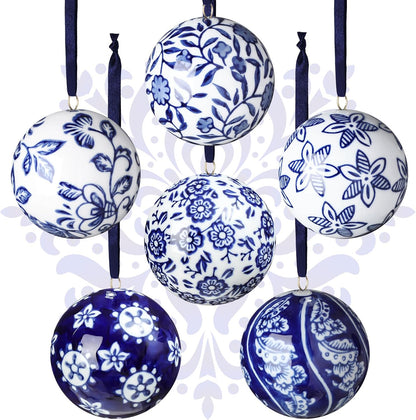 Cindeer 6 Pcs Blue and White Christmas Porcelain Balls 2.4 Inch Porcelain Chinoiserie Ornament Bulk