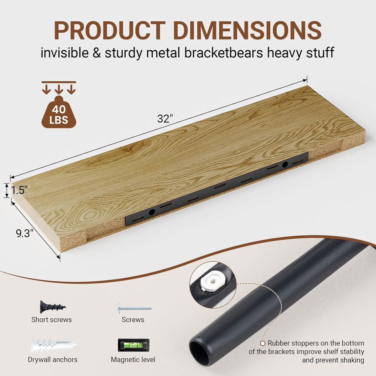 Heimlove 32 Inch Floating Shelves for Wall,Oak 9.3" Deep Floating Shelf Set of 2,Wall Mounted