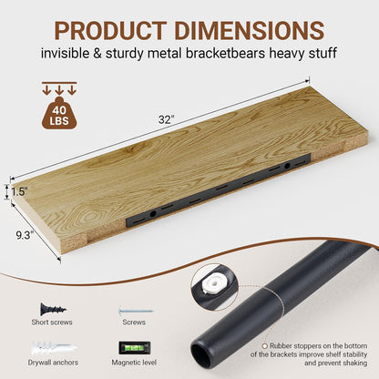 Heimlove 32 Inch Floating Shelves for Wall,Oak 9.3" Deep Floating Shelf Set of 2,Wall Mounted