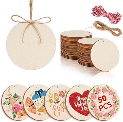 Philorn 50pcs Wooden Ornaments for Crafts 3.5" Unfinished DIY Wooden Christmas Ornaments