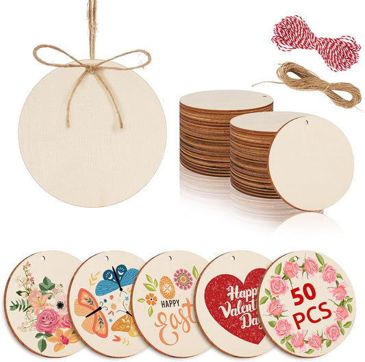 Philorn 50pcs Wooden Ornaments for Crafts 3.5" Unfinished DIY Wooden Christmas Ornaments