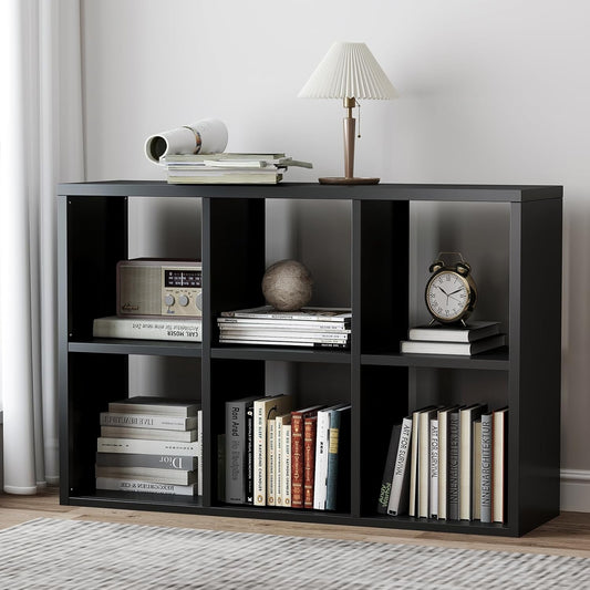 6 Cube Storage Organizer, Black Bookshelf with Storage, 2 Tier Storage Cubes, Freestanding Storage