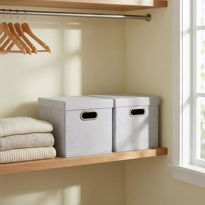 Household Essentials 804-1 Café Cube Bin Storage Set with Lids and Handles | 2 Pack | Silver Linen