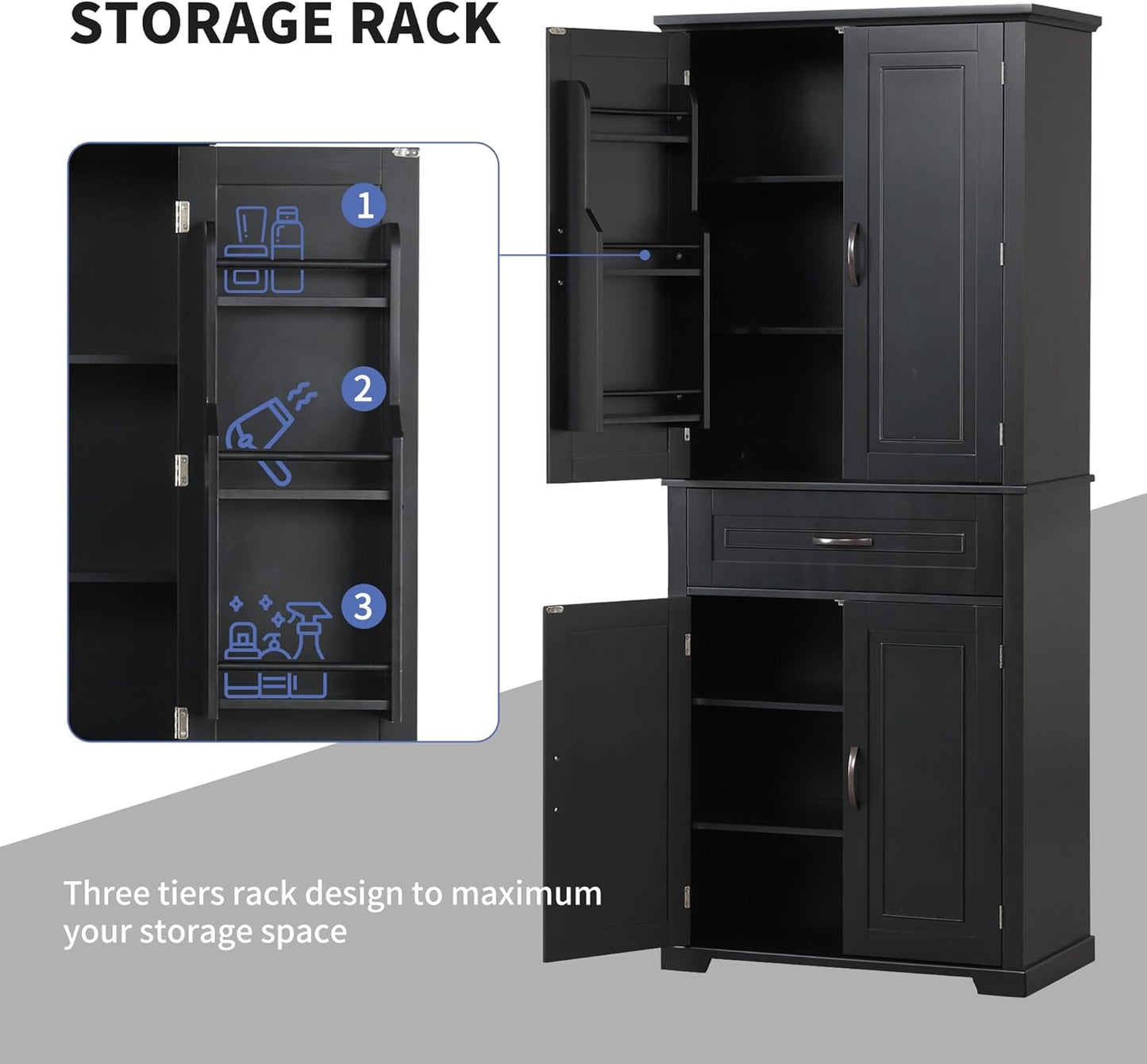 72.2" Tall Storage Cabinet with 4 Doors and Drawer, Freestanding Linen Cabinet, Wooden Pantry with