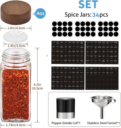Yangbaga 34Pcs Glass Spice Jars with Labels-4oz Acacia Wood Lid Square Spice Containers with Pepper