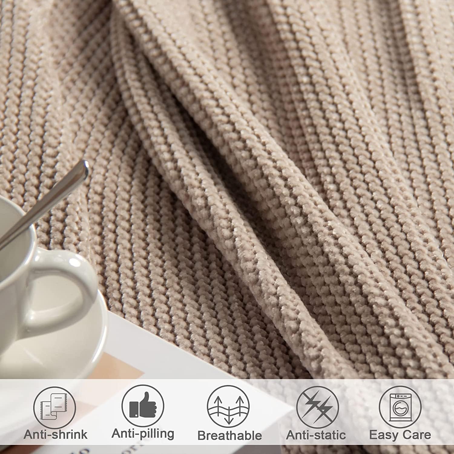 lifein Throw Blanket for Couch, Soft Boho Decor Bed Throw,Cozy Beige Knitted Chenille Small