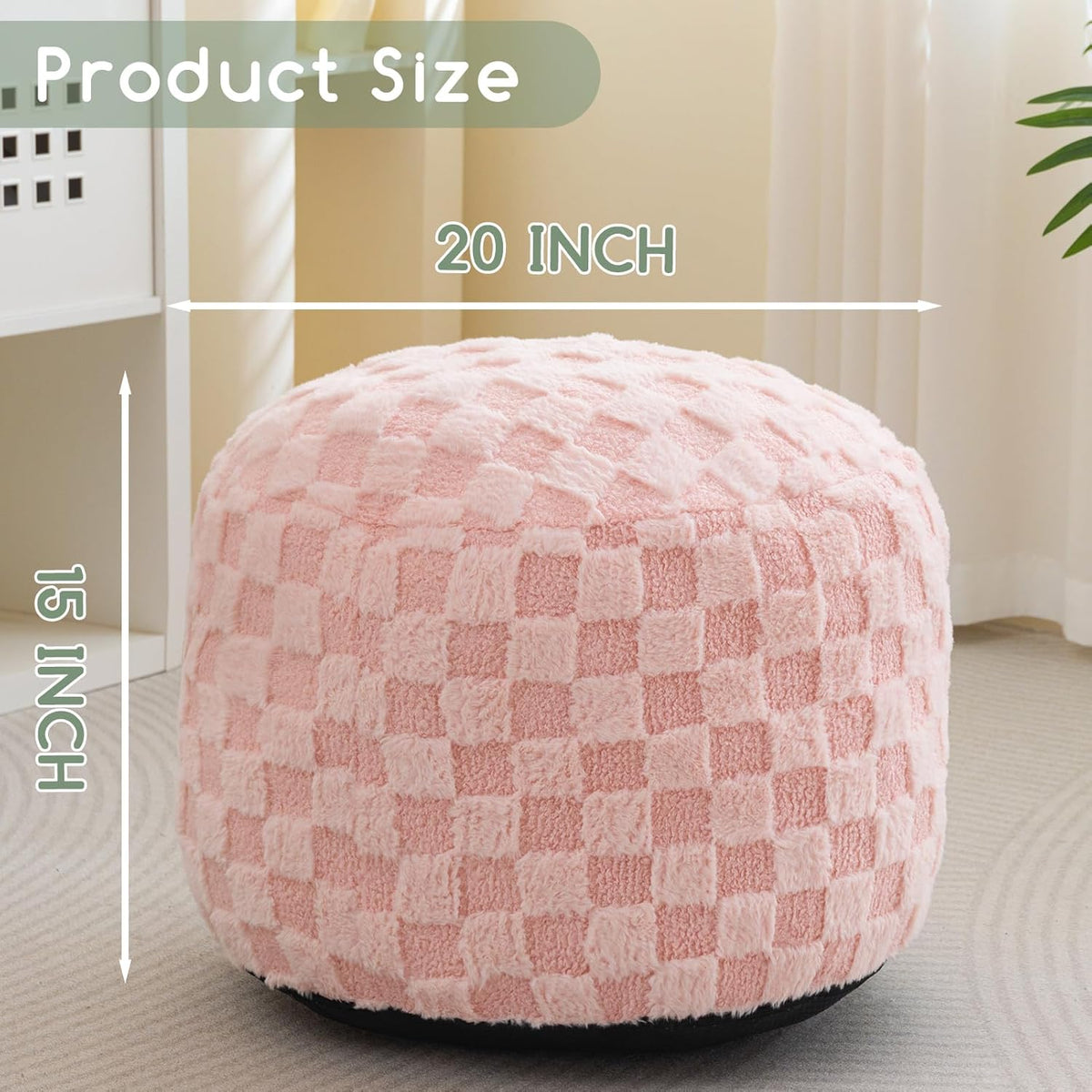 HIGOGOGO Round Stuffed Pouf Ottoman, Plaid Poufs with Foam Chunk Filling, Fluffy and Furry Pouf