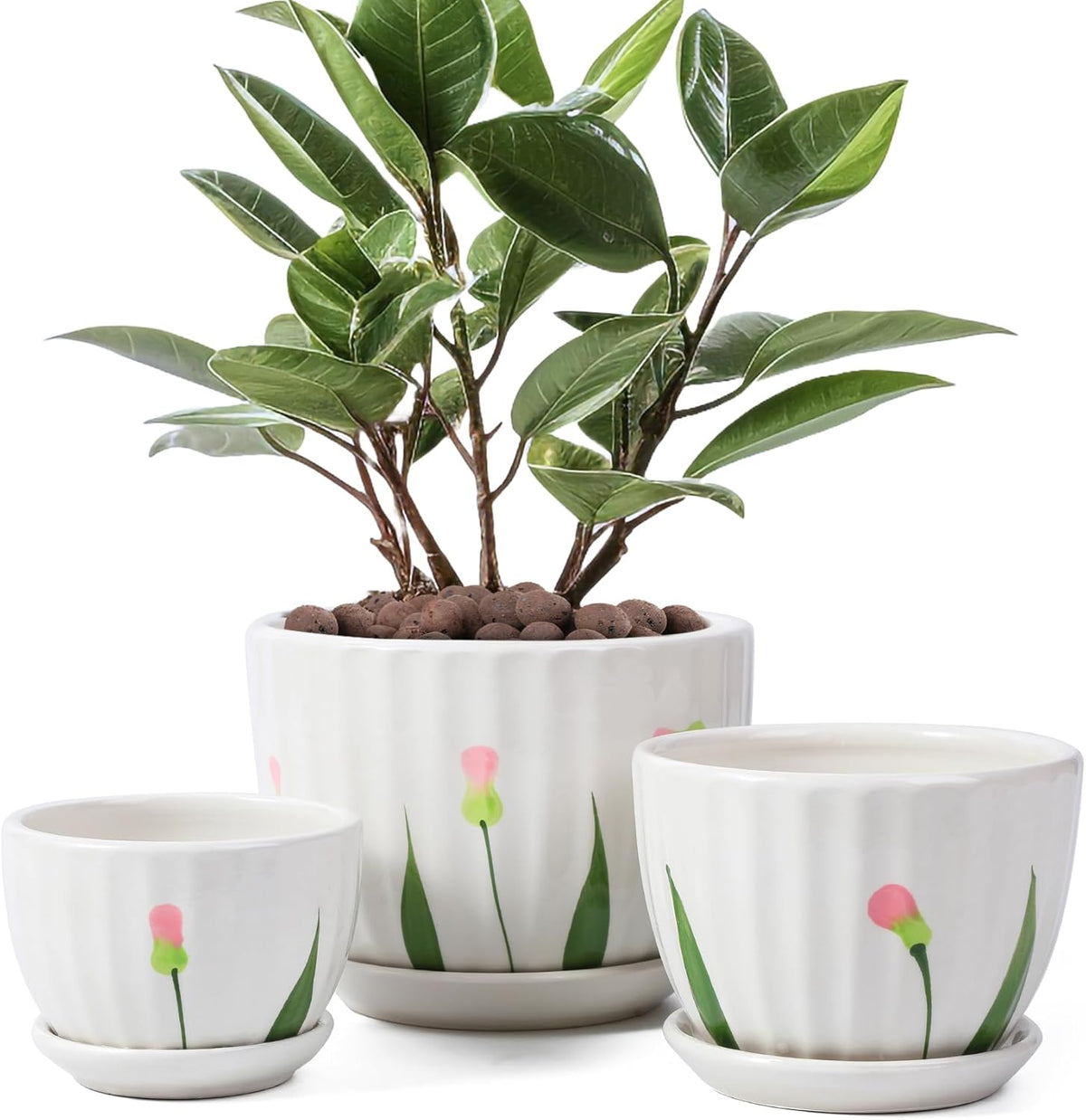 Ceramic Plant Pots with Drainage Holes and Saucers, Round White Flower Pots for Indoor Plant