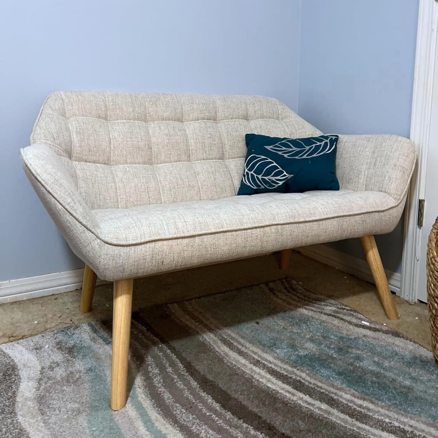 48”Small Loveseat Sofa, Modern Linen Upholstered Mini Couch 2-Seater Fluffy Love Seat with Quilting