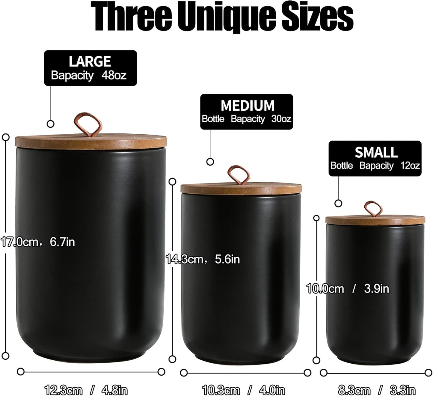 Black Ceramic Canister Set with Wooden Lid, 3-Piece Food Storage Jars for Kitchen Counter, Storage
