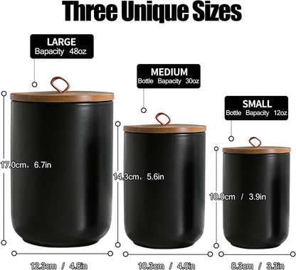 Black Ceramic Canister Set with Wooden Lid, 3-Piece Food Storage Jars for Kitchen Counter, Storage