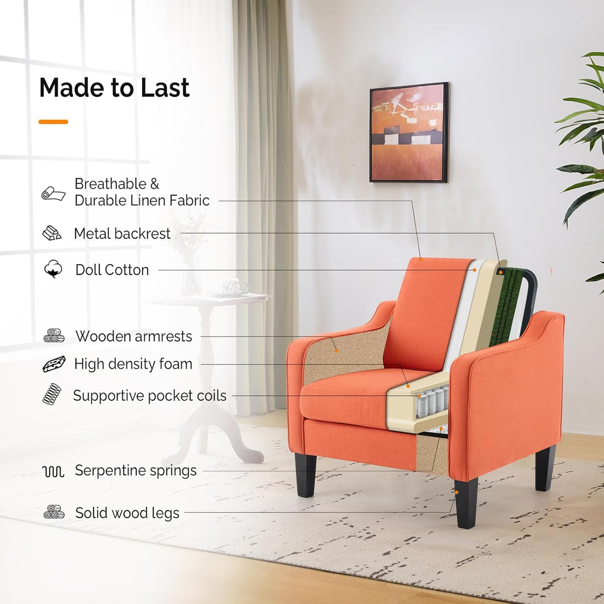 VINGLI Burnt Orange Mid Century Modern Accent Chair for Living Room & Bedroom, Scooped Arm