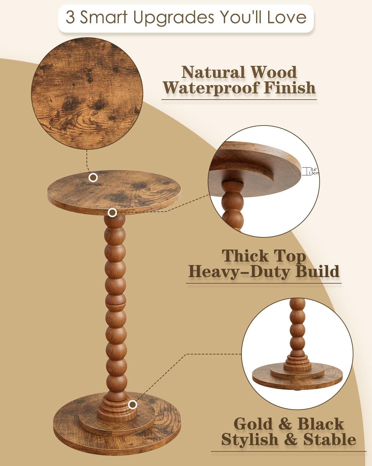 Masupu Round Side Table, Small End Table for Small Spaces, Pedestal Drink Table with Solid Wood Leg